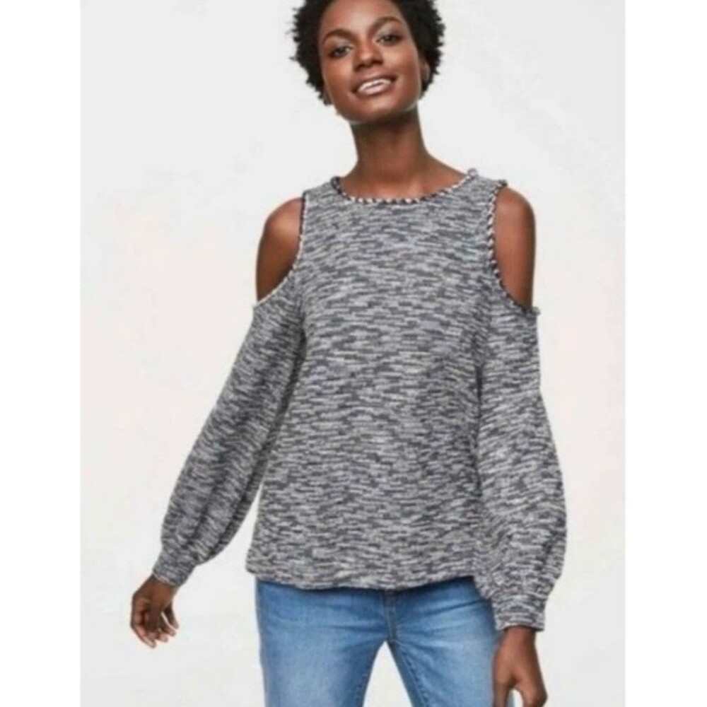 Ann Taylor LOFT Size M Sweater Texture Blue Marled Cold Shoulder Balloon Sleeve